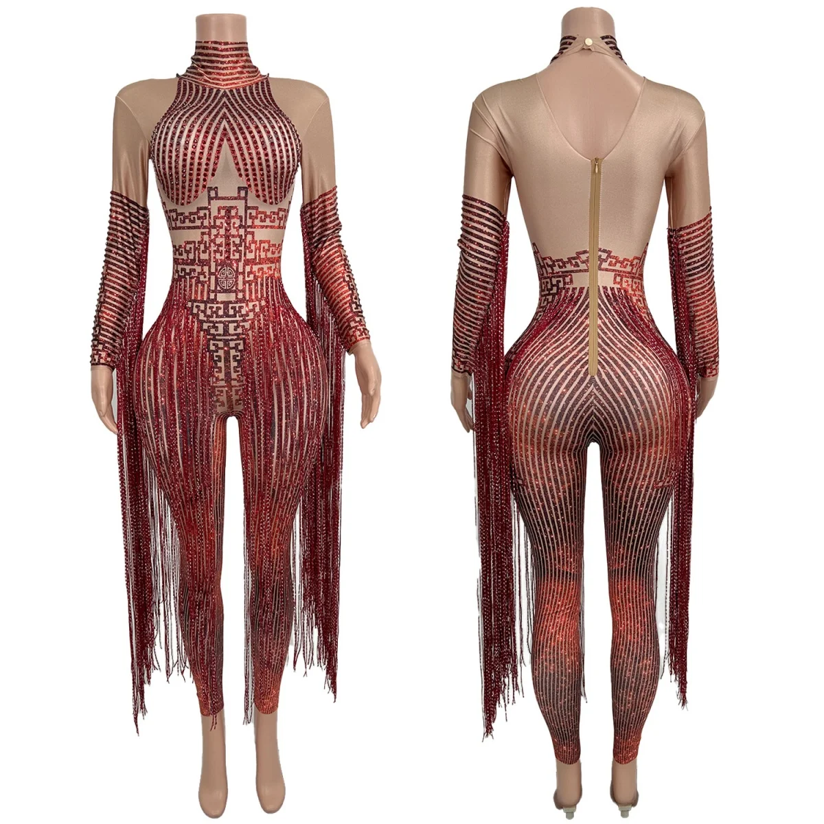 Sparkly Red Rhinestone Long Tassel Tight Fitting Jumpsuit Spandex Elastic Drag Queen Performer Wear gig Dance Outfit Hongloumeng