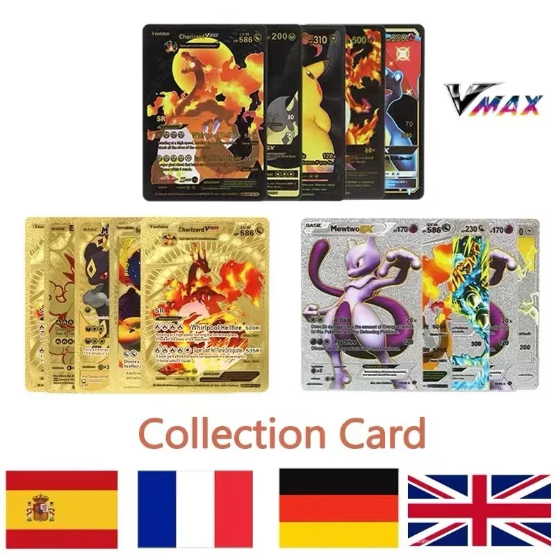 110-27 pces pokemon folha de ouro cartão charizard vmax gx vstar cartões inglês francês alemão espanhol pikachu arceus prata pokemon cartões