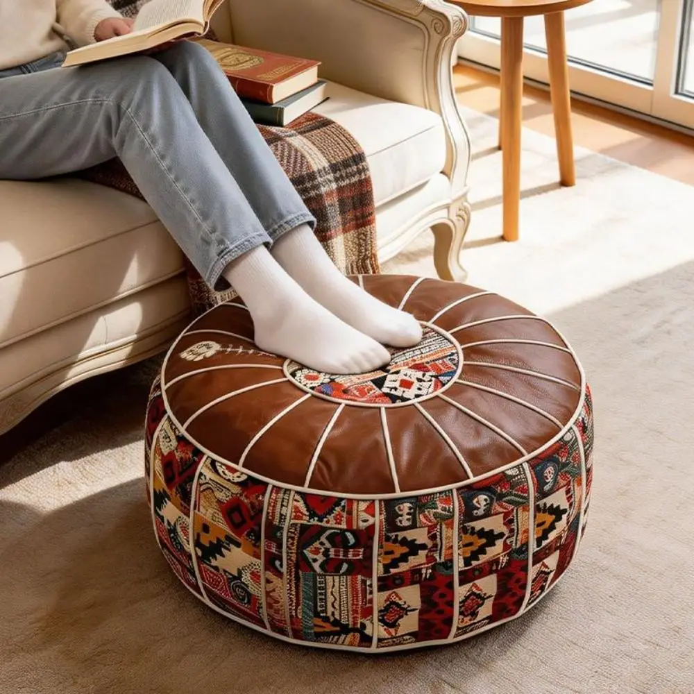 New Boho Pattern Ottoman Pouf PU Leather Large Opening Storage Ottoman Fillable Design Water Resistant Footstool Cover Home Use