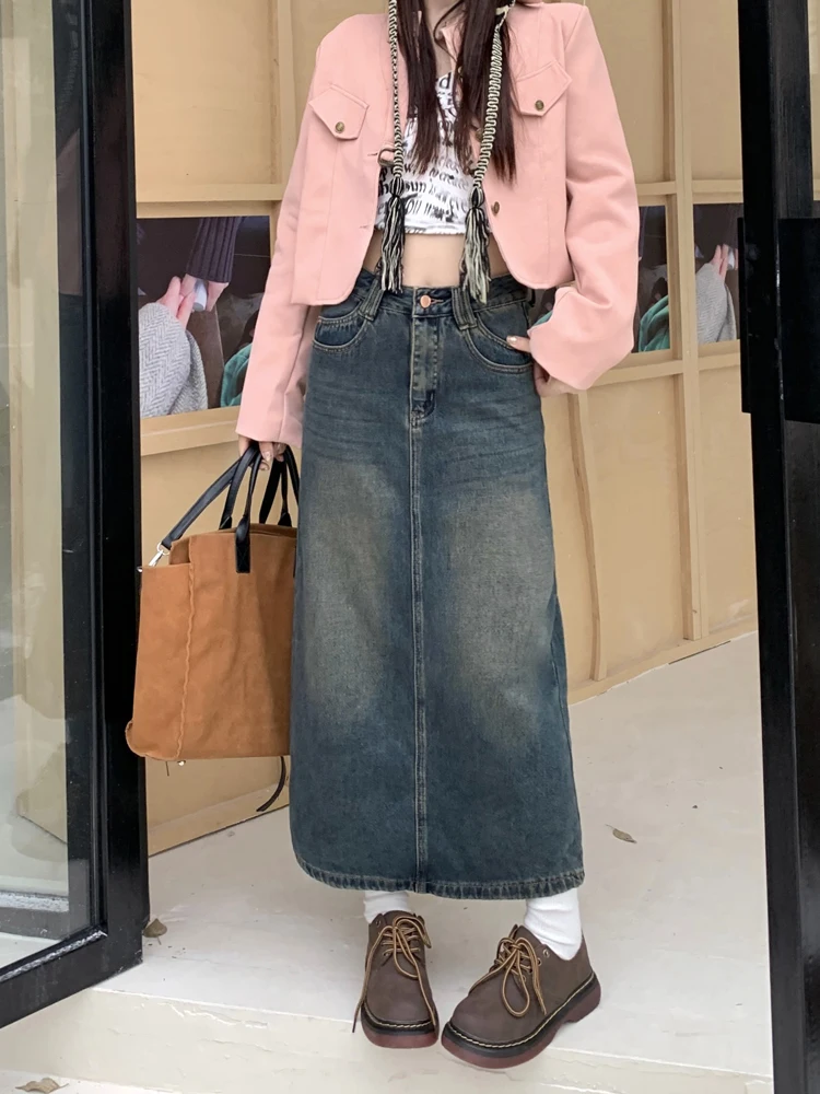 NYFS 2024 Spring Autumn New Woman Skirt Vintage High Waist Denim Split Long Skirt