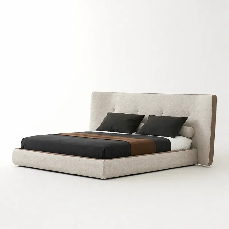Italian Minimalist Cotton Linen Fabric Bed Cream Style Wide Screen Modern Double Large Bed for Apartment Villa Master Bedroom