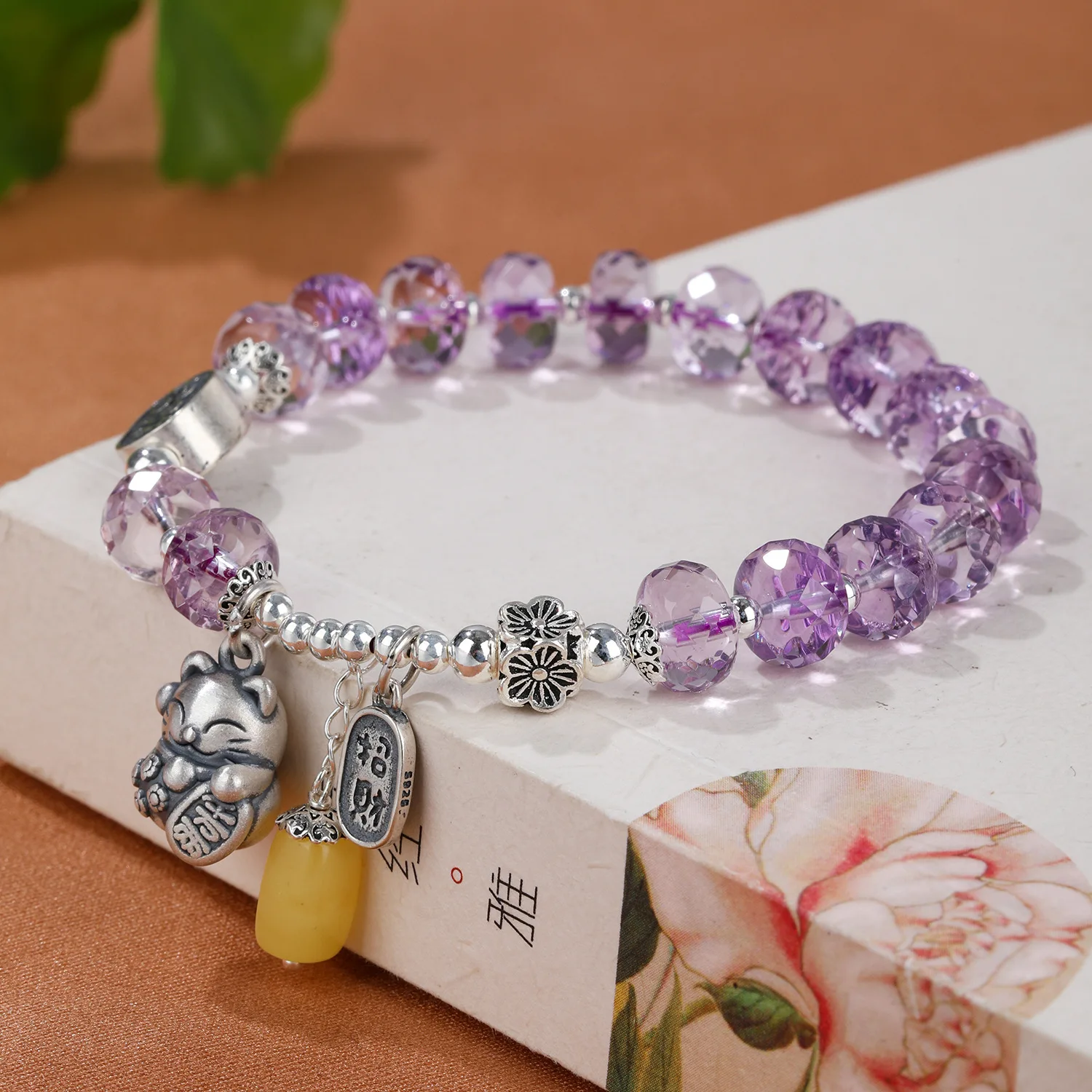 Chinese Style Natural Amethyst Jewelry S925 Sterling Silver Luckier Cat Light Color Amethyst Abacus Beads Bracelet Luckier