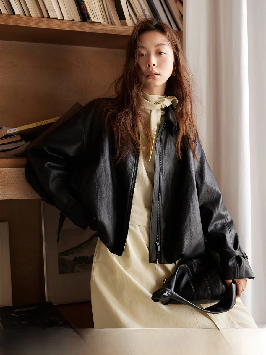 

Sli Motorcycle Leather Jaet Women's Protein Leather Stand Collar 3D ket Simple Faion Outerwear Spring Season