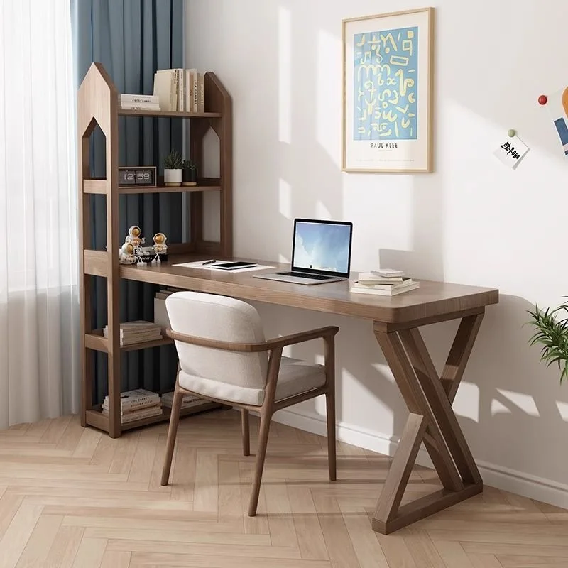 New Nordic all-solid wood study desk bookshelf integrated table combination computer desk desktop bedroom wall study table