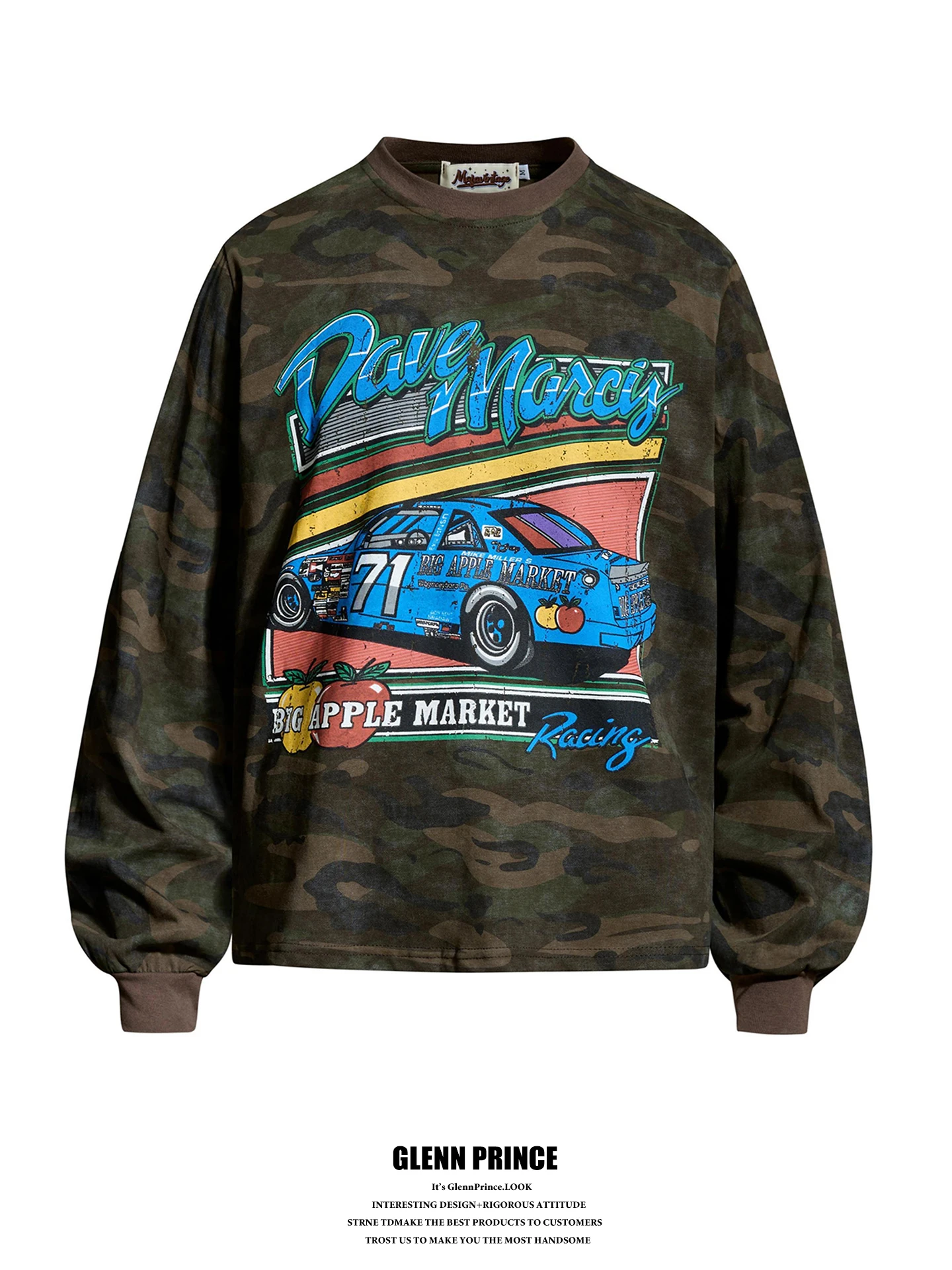 GPstudio American Street Racing Camouflage Print Long Sleeve Men's T-shirt Loose Fit Fashionable Casual Cotton Top
