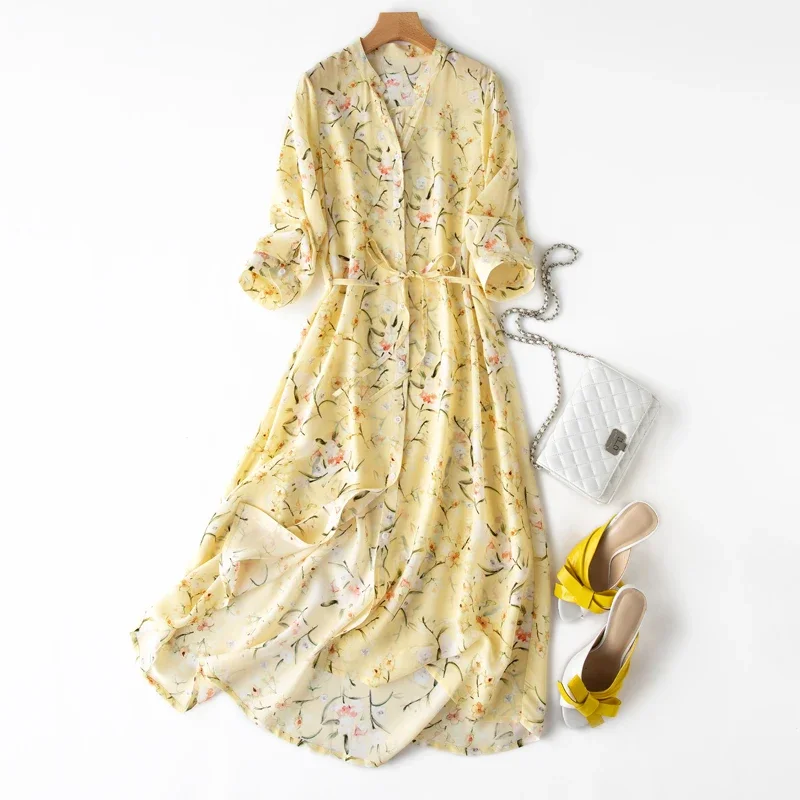 

100% Silk Summer Dress 2024 Floral Shirt Dress Female Long Dresses For Women Casual Korean Fashion Clothes Vestidos Pph4450