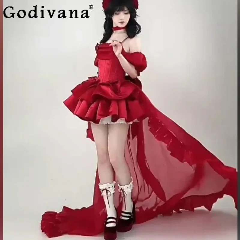 

Summer New Temperament Slash Neck Jsk Trailing Princess Lolita Dress Fashion High Waist A-line Red Sweet Girl Suspender Dresses