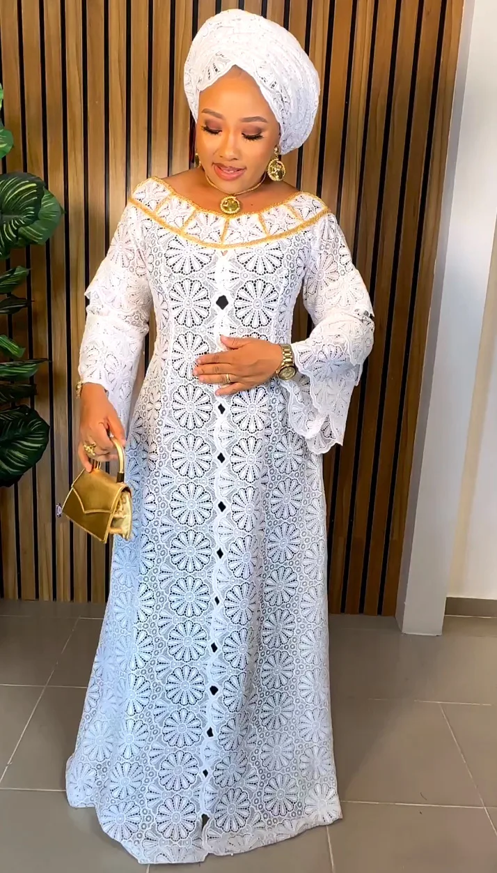 

Autumn Summer African Plus Size Dresses for Women 2023 African Long Sleeve White Polyester Long Dress Maxi Dress African Dresses