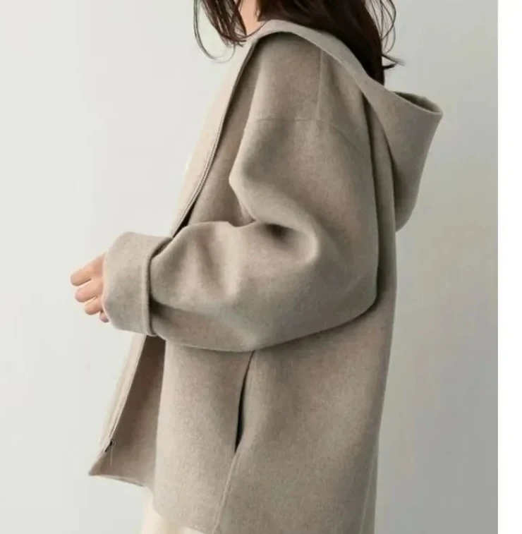 

Women's Short Woolen Coat Hooded Casual Pure Color Autumn Winter New Style Korean Version Small Size Polyester Fiber