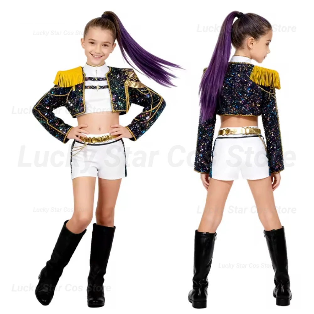 

Children Girls Movie Kpop Mira Cosplay Costume Print Demon Hunters Zoey Rumi Cosplay Carnival Show Clothes Kids Girl Huntrix Set