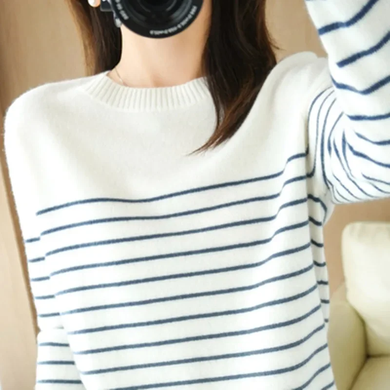 100% Cotton Knitted Women's Sweater Striped Color Matching Round Neck Large Size Loose Temperament Long Sleeve Bottoming