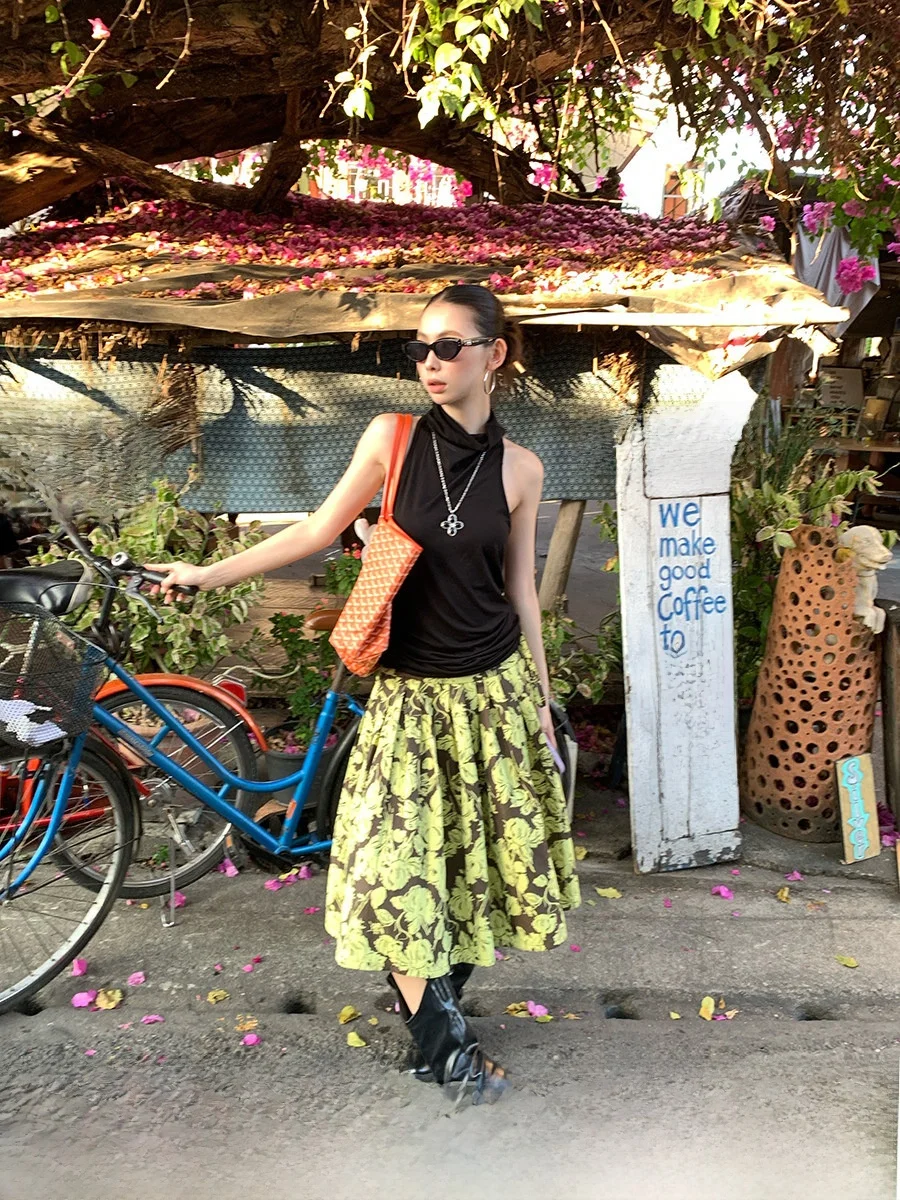 

Юбка-трапеция Browan с цветочным принтом, женская, весенняя, с завязками, с завышенной талией, плиссированная, с цветочным принтом, средней длины