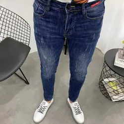 Autumn Winter Sticker Dark Blue Slim Fit Cropped Jeans Men's Small Feet No Iron Spirit Guy Stretch Pencil Denim Designer Pants