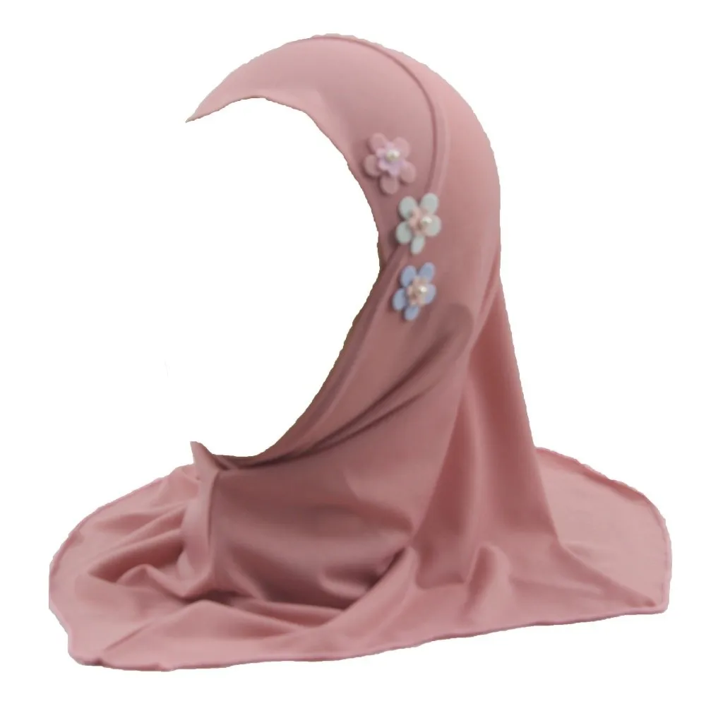 Soft Little Girls Pull-On Hijab with Floral Ornament Non-slip Crystal Linen Headscarf Solid Colors Breathable Head Cover