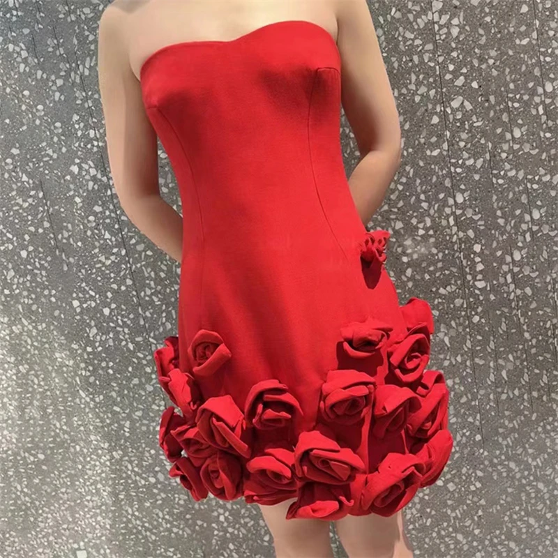 

Y2k Spring New 3D 3D Flower Decoration Red Bra Dress High Quality Women's Fashion Commuting Sexy Banquet Slim Fit Evening Dress