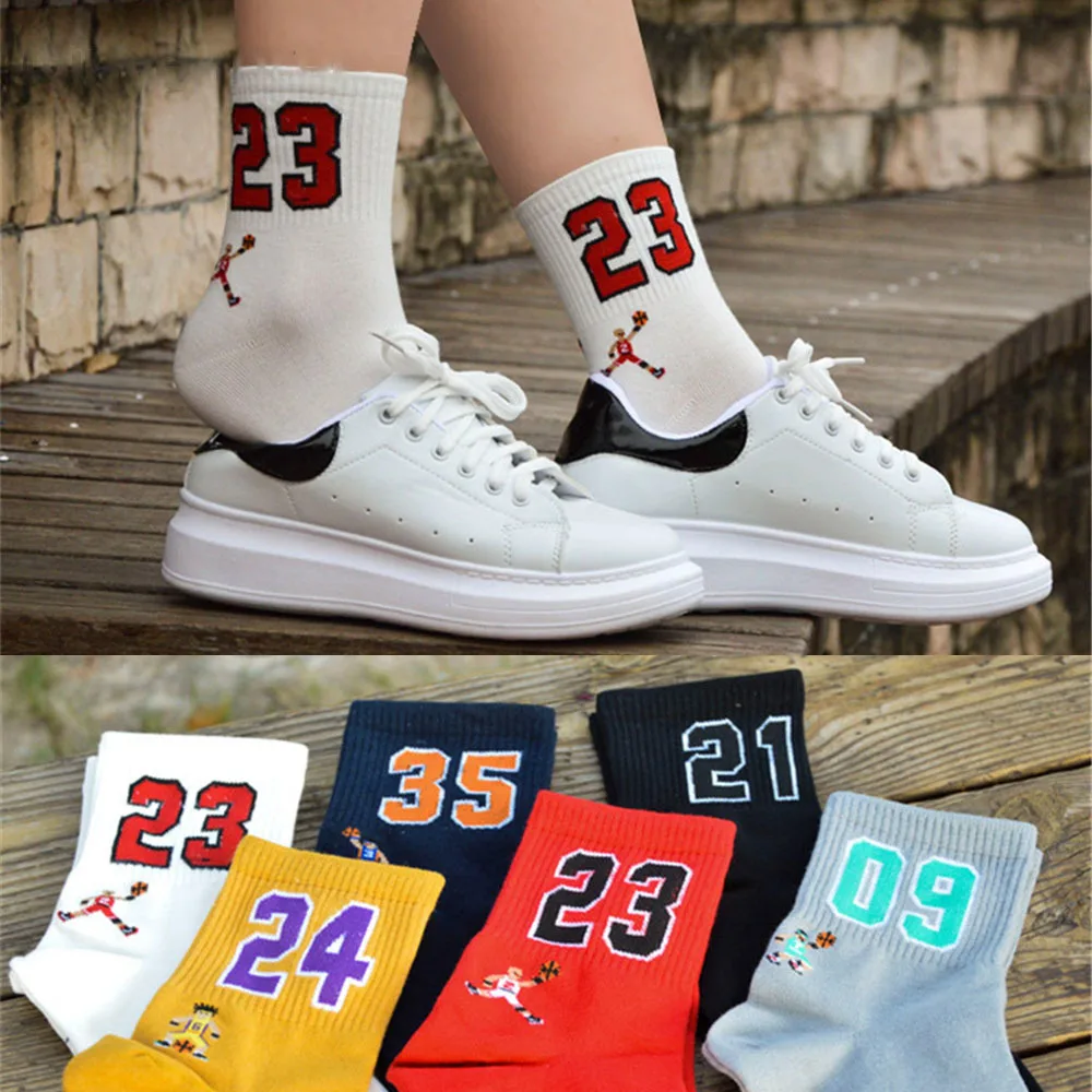 Chaussettes de sport unisexes Harajuku pour hommes, étoiles drôles de basket-ball, haute qualité respirante, numéro porte-bonheur, mode, 09, 21, 23, 24/35