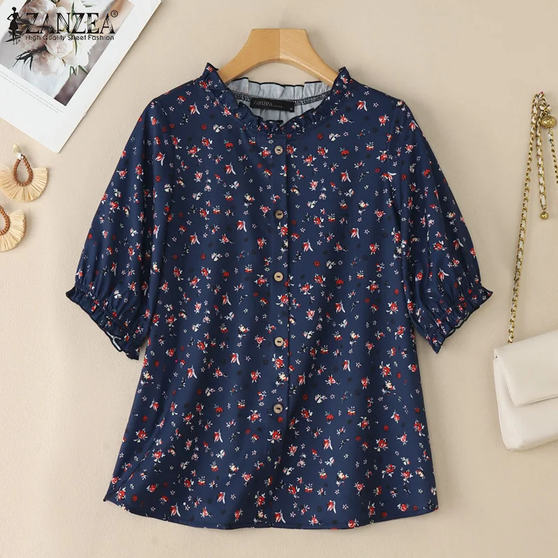 2026 ZANZEA Summer Floral Printed Blouse Women Bohemian Holiday Tops Vintage Casual Beach Shirt Loose Retro Tunic Blusas Mujer view 3