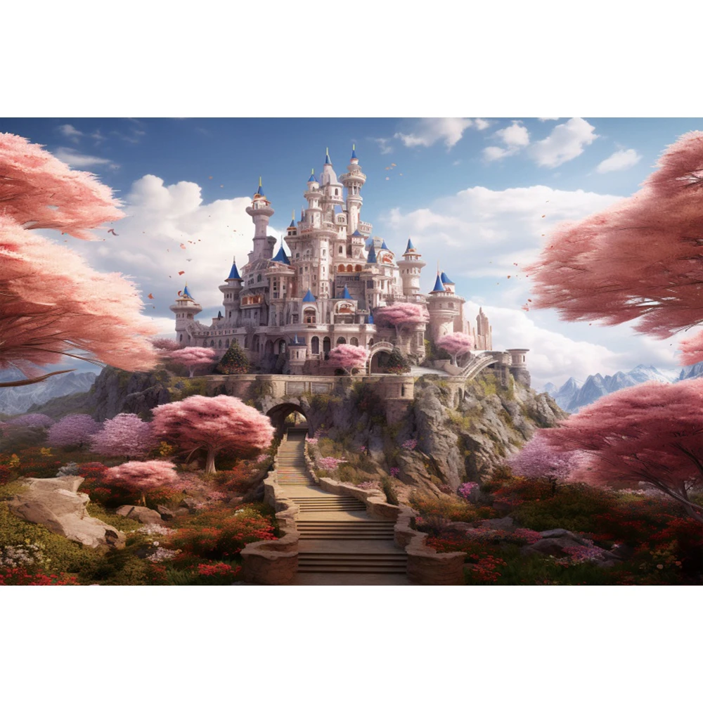 Spring Floral Castle Backdrop Fairy Tale Castle Palace Flower Princess Girl Baby Birthday Party Portrait Photography Background