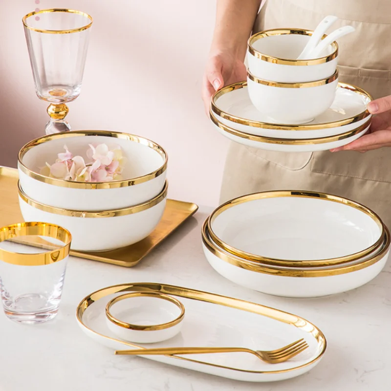 Gold Edging White Porcelain Plates Food Dinner Set Dishes Salad Soup Bowl Ceramic Plates Bowls Luxurious Tableware Set