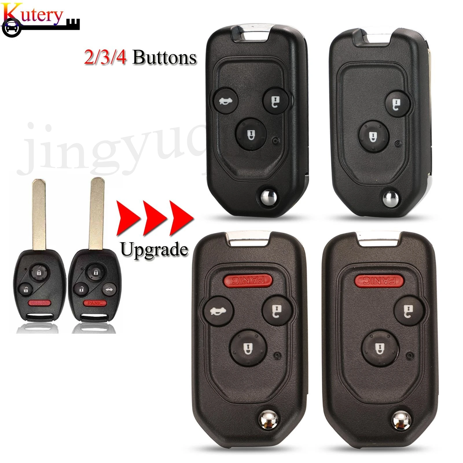 jingyuqin Modified Folding Remote Key Shell For Honda Accord HRV CRV Civic Fit Ridgeline Pilot 2/3/4Buttons Key Case Fob Cover