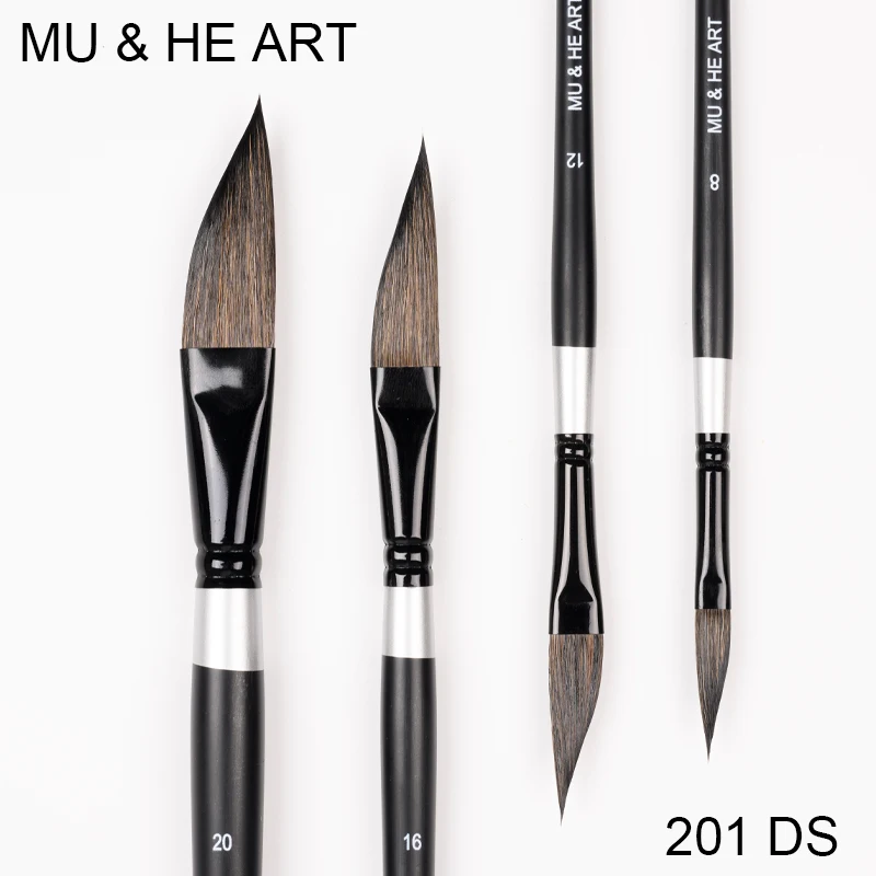 Squirrel Hair Mixed Watercolor Paint Brush Long Oblique Angle Head Black & Silver Wooden Handle Brass Ferrule 201DS MU HE ART