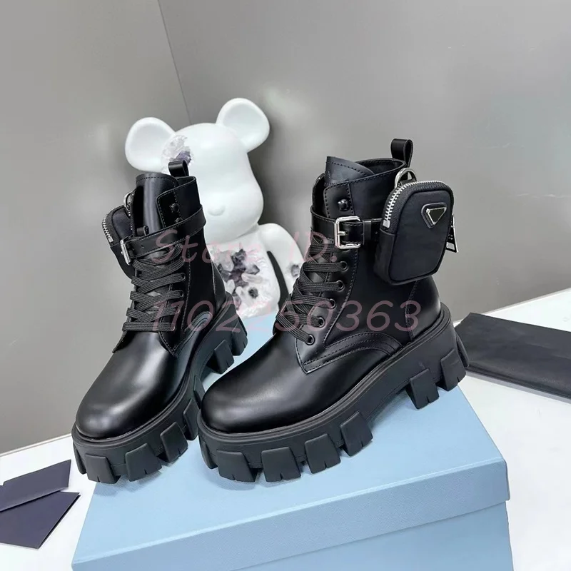 Thick Pocket Boots Round Toe Leather Punk Black Flat Solid Fashion Women Shoes Luxury Height Increasing 2024 Hot New Arrival