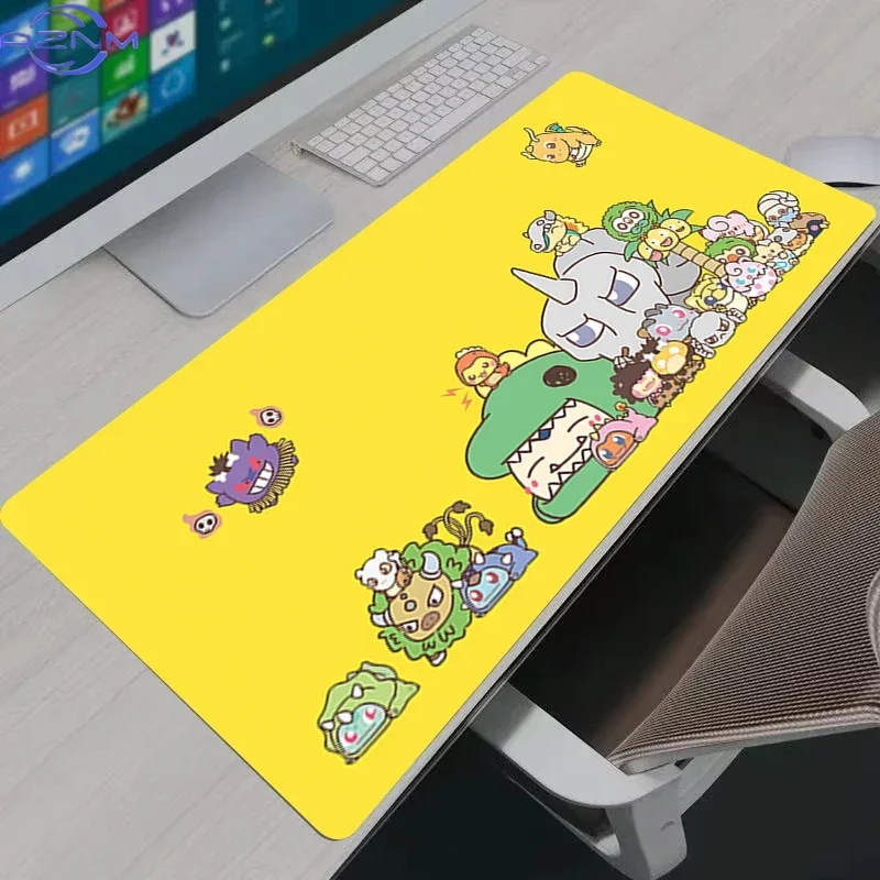 Cute Cartoon Creatures Group Yellow Background Kawaii Hand Drawn Style Mouse Pad Rubber Non Slip Desk Mat for Gaming Decor