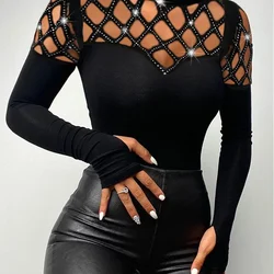 Women Hollow Out Hot Drilling Stitching Slim Top Long Sleeve Sexy Summer T Shirt Tops Black