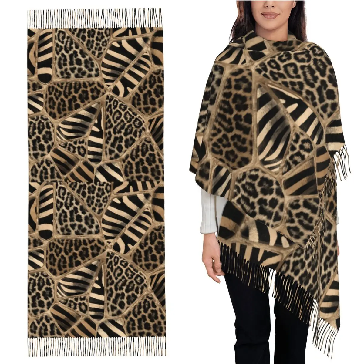 

Животный принт - шарф с леопардовым принтом и зеброй, шарфы с кисточками, женские мягкие теплые шали и накидки, большая осенне-зимняя шаль