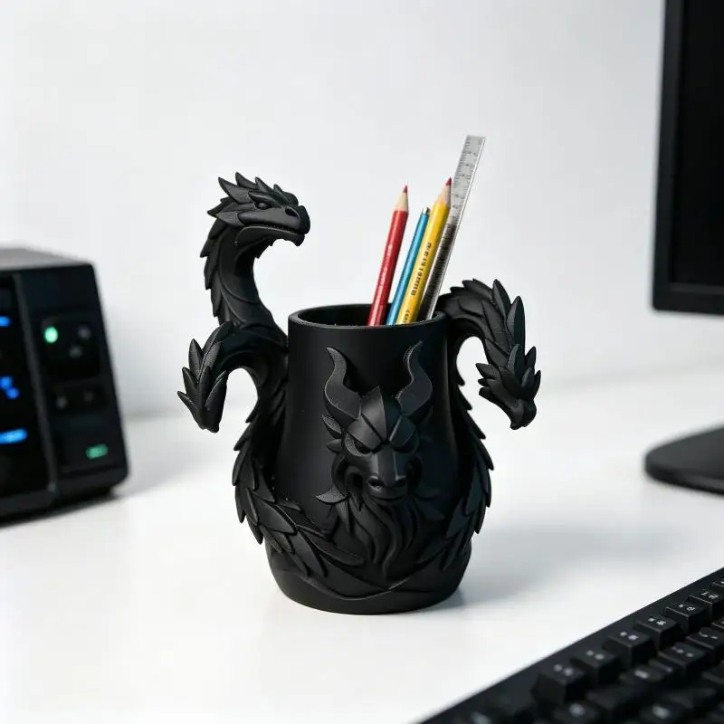 [New] 1Pcs Creative 3D Printed Dragon Pen Holder Three Headed Dragon Desktop Organizer Monster Desk Organizer Multi-Functional