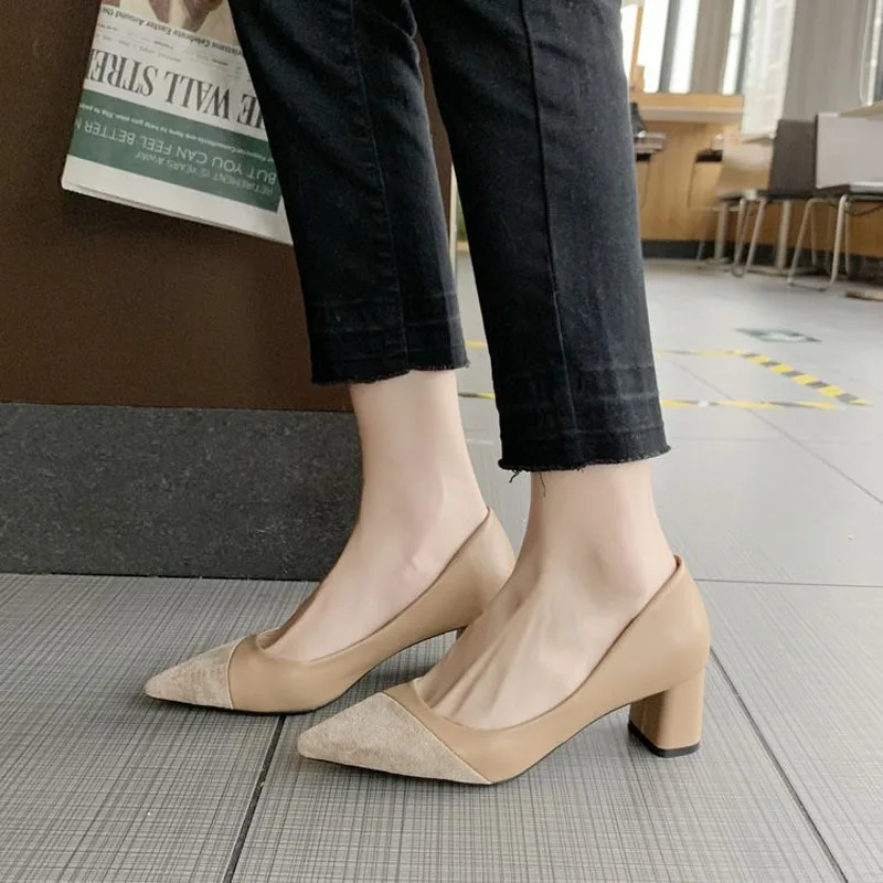 New Spring Autumn Classic Women Office Pumps Pointed Toe Patchwork Chunky Heels Work Shoes For Woman zapatos mujer WSH4898