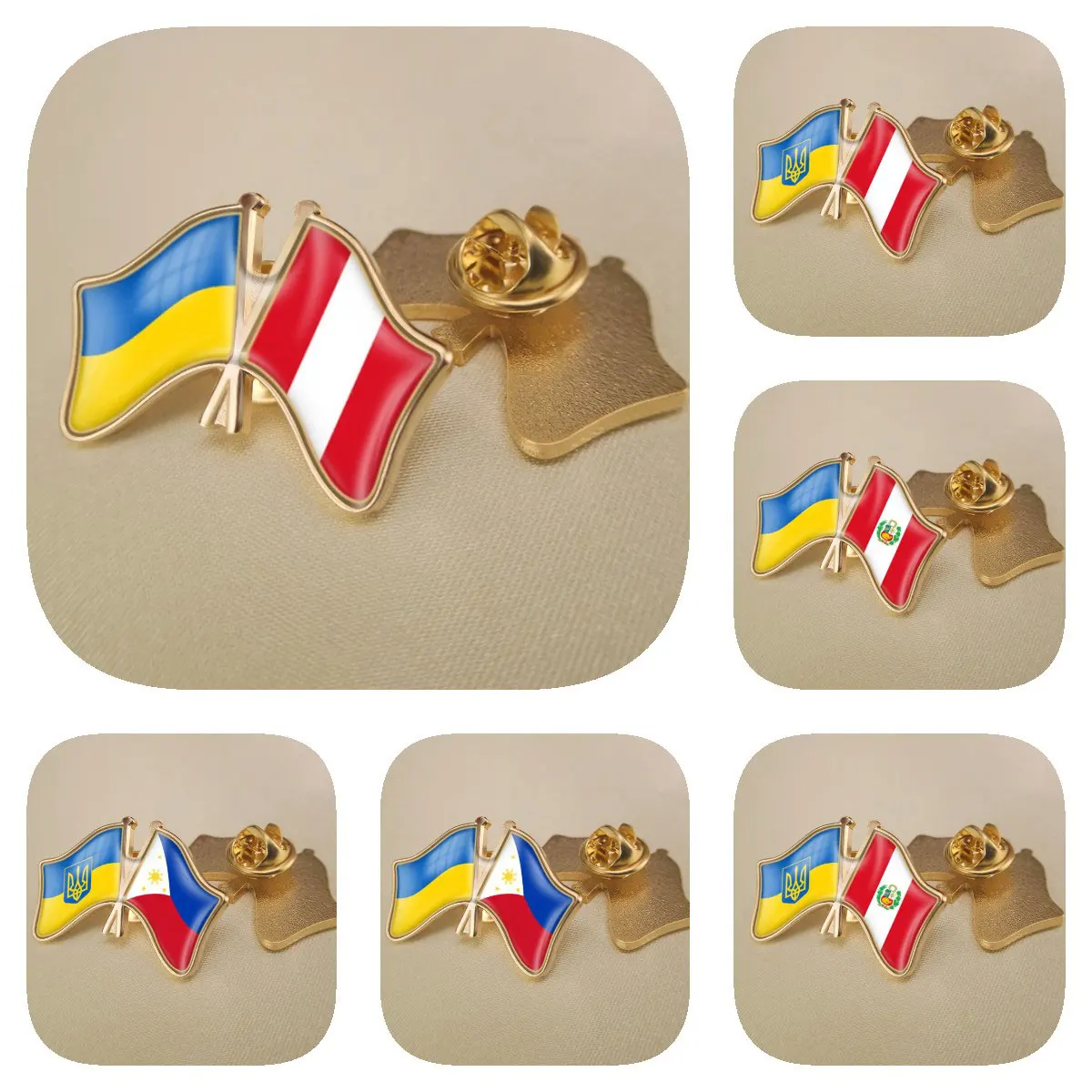 Ukraine and Peru Philippines Double Crossed Friendship Flags Brooches Lapel Pins Bradges