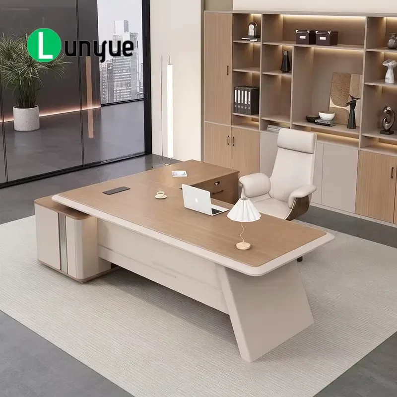 Modern Executive Desk Set Light Wood Grain CEO Office Table with Storage Bookcase and Side Cabinet Luxury Manager Furniture