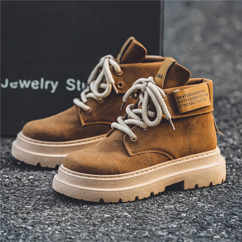 

Retro Style Mens Suede Leather Boots Fashion Brown New Ankle Boots for Men Comfortable Lapel Men Motorcycle Boot Lace-up Botines