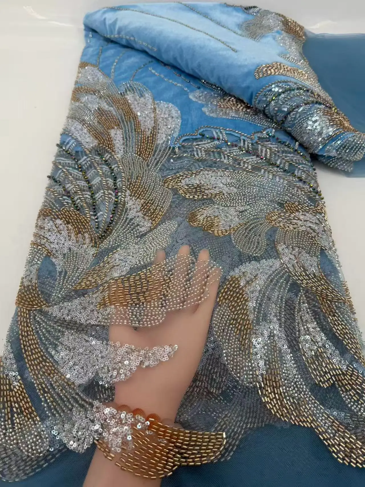 Nova Chegada: Tecido de Tule Francês de Veludo com Renda Bordada e Miçangas, 5 Jardas, para Vestidos Elegantes de Casamento, Festa e Noite M475-1