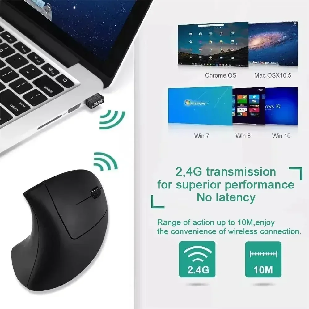 Ratón Vertical ergonómico 2,4 GHz ratón óptico inalámbrico 3 DPI ajustable 800/1200/1600 6 botones para ordenador portátil PC de escritorio