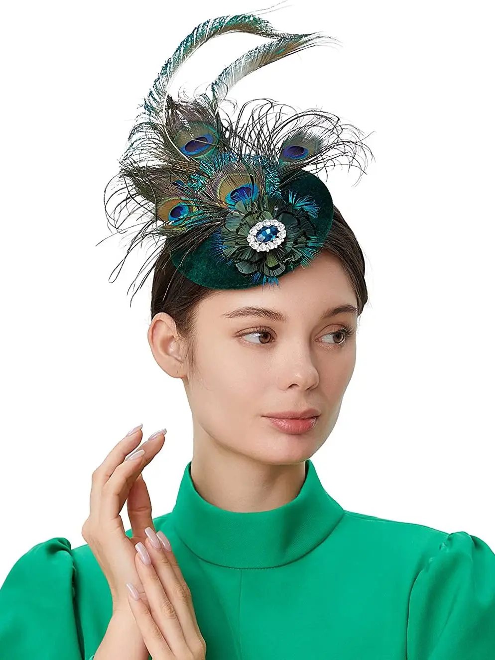 1920s Peacock Feather Fascinators Retro Colorful Rhinestones Inlaid Small Beret Tea Party Head Wear Velvet Fascinator