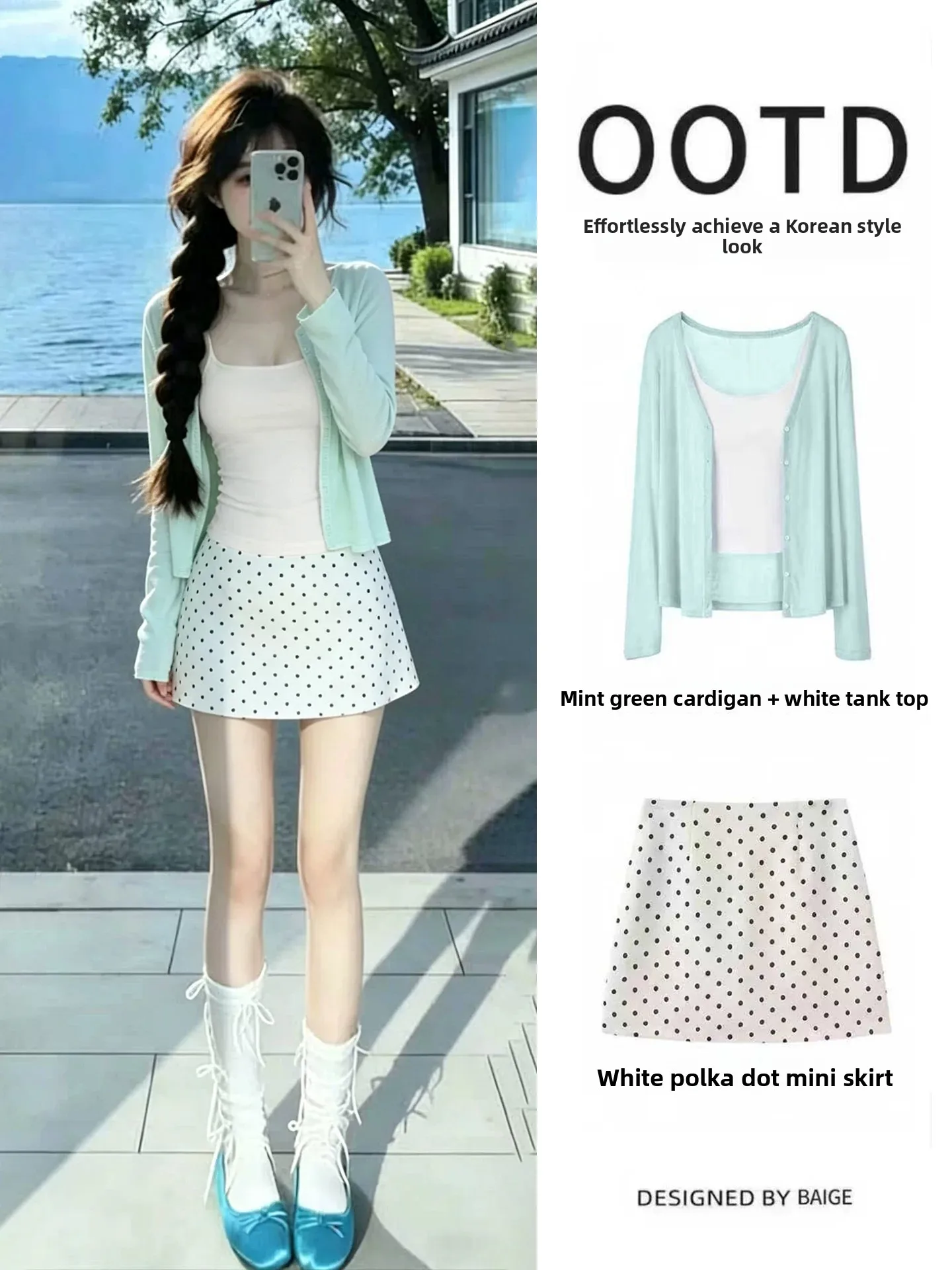 Unique Beautiful Mint Green Open Cardigan Top Half Body Polka Dot Set Summer Initial Day Chic And Cute White Knitted Skirt