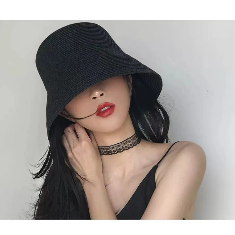 solid Flat bucket hat foldable basin hat vintage bucket straw hat women\'s summer beach small-brimmed sunhat sun protection