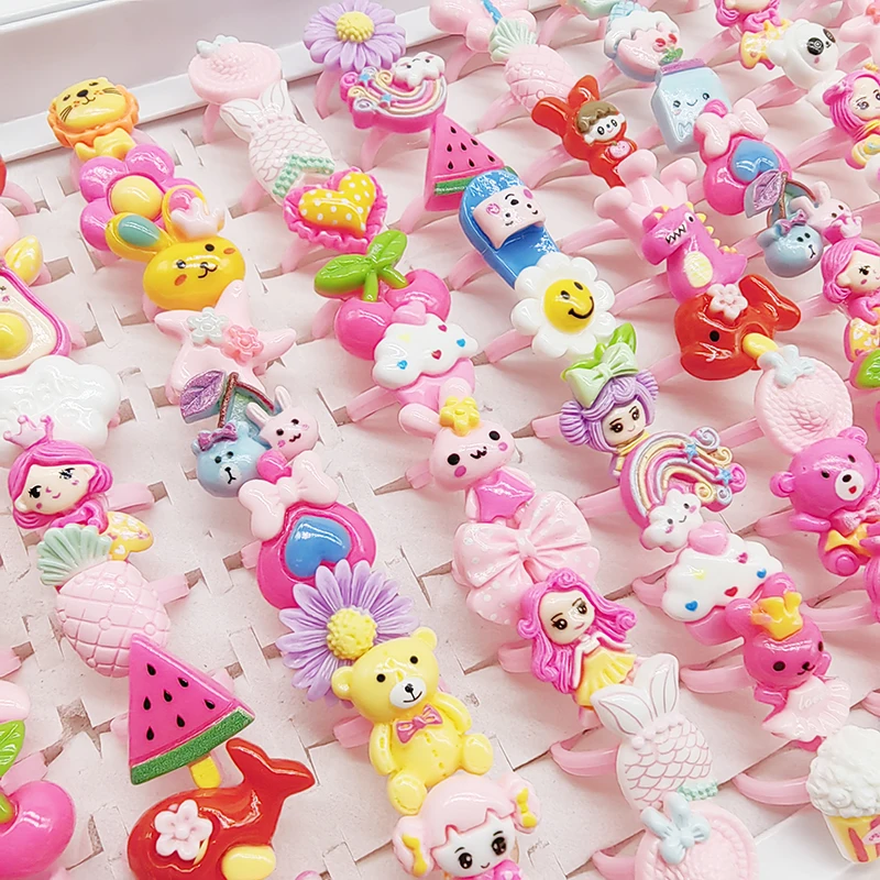 50/100pcs/Lot Factory Wholesale Child Finger Ring Gifts for Little Girl Hot Lovely Bear Colorful Fruit Flower Animal Kid Jewelry