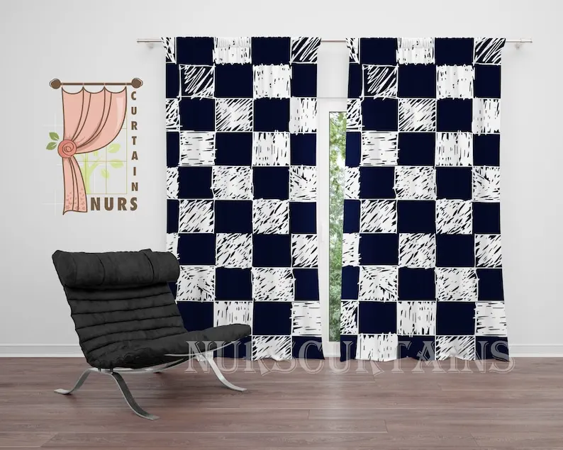 Retro Checkered Blackout Curtain: Black & White Pencil Art