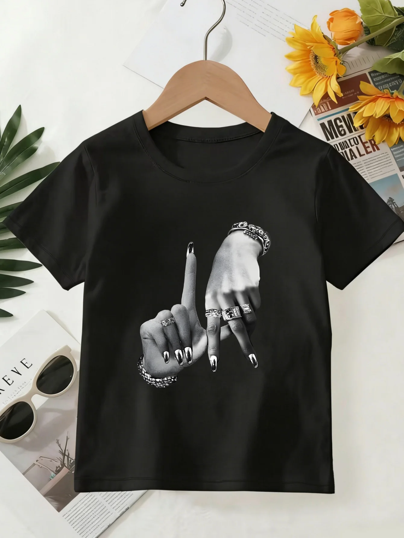 Boys Girls Family Matching Tee Trendy Jewelry Hands Gesture Pattern Print Short Sleeve Soft Cotton Kids Daily Outdoor Outfit