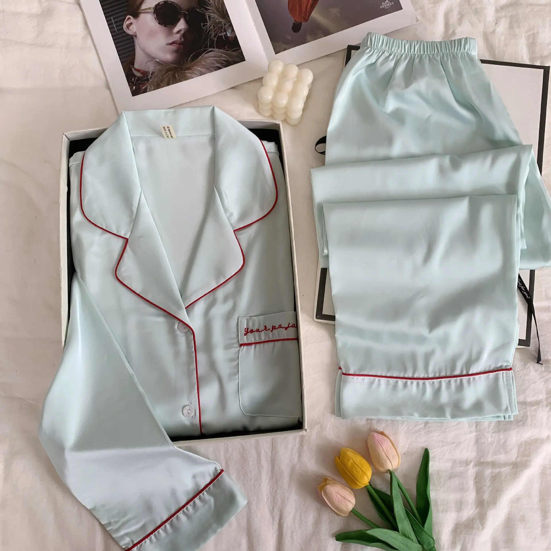 Green Satin Sleepwear Lounge Wear Female Long Sleeve Pajamas Trouser Suits Intimate Lingerie Casual Home Wear Pyjama Pour Femme