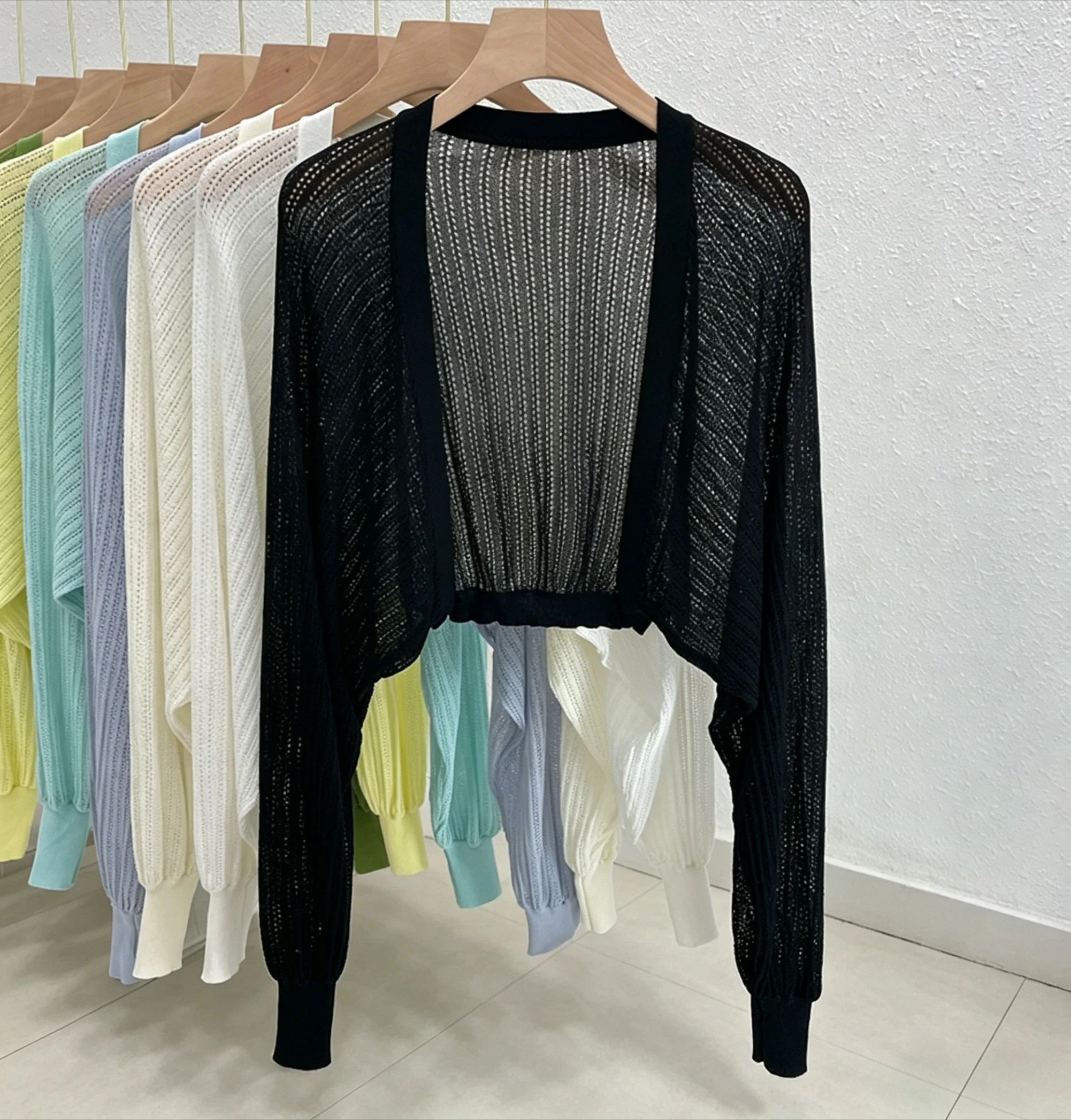 Open Front Pointelle Knitted Cardigan Women Bolero Crop Top Spring Summer Lightweight Blouse Cover Up Openwork Shawl Outfit