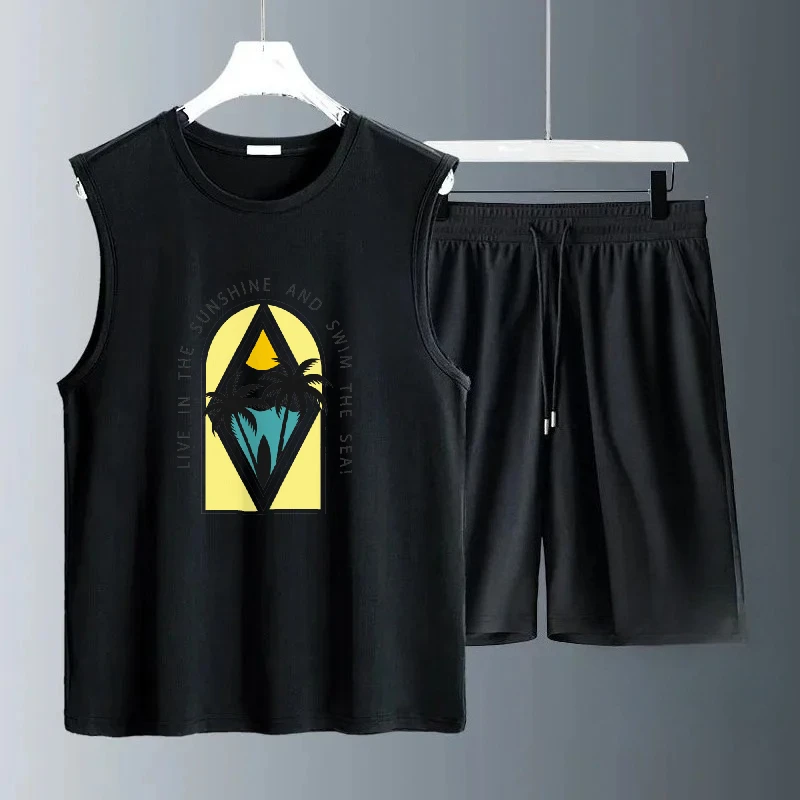 

2025 Summer Casual Men's Sets Yellow cat eye print Sleeveless Daily Wear Lightweight Comfortable for Men luxury men's clothing