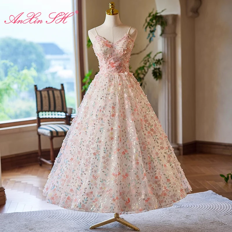 AnXin SH vintage princess pink flower lace spaghetti strap beading pearls stage a line lace up party customized evening dress