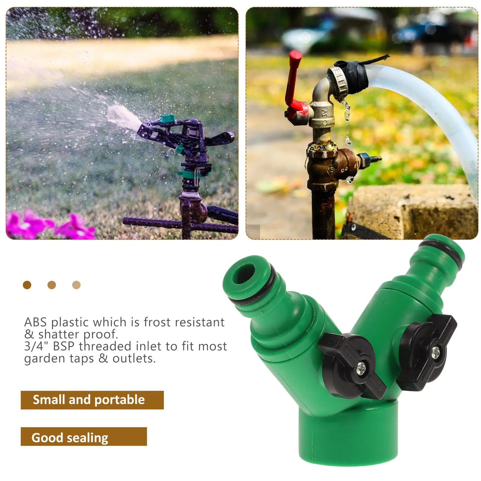 Garden Tap Splitter Connector 3/4 Inlet 2 X 1/2 Quick Connect Outlets Frost Resistant Abs Plastic Green Compatible