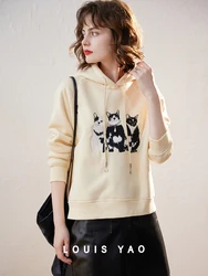 LOUIS YAO Women Hoodies 2023 Winter Plush Long Sleeve Loose Cute Cat Embroidery Drawstring  Hooded Pullover Top Women Tops