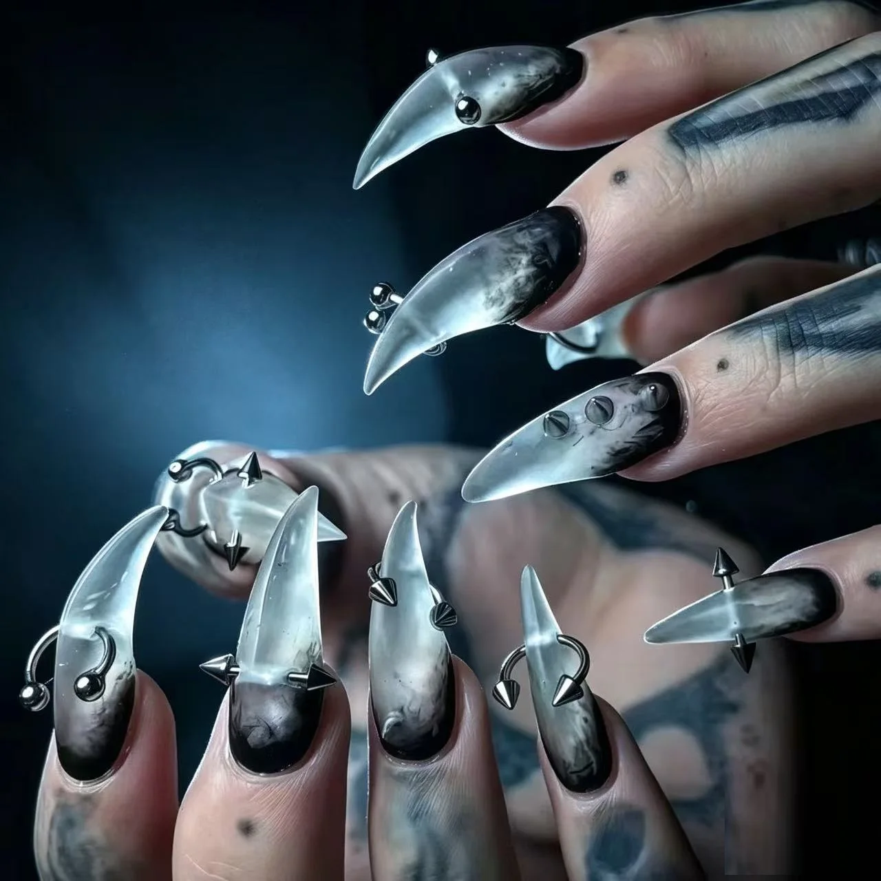 10PCS Handmade Translucent black smoky gradient curved claw-shaped nail with Gothic style silver spiky perforated decorations