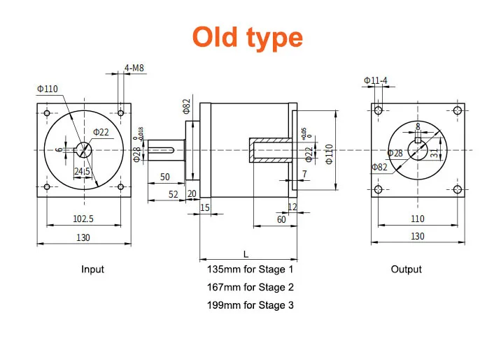 Rapporto riduttore epicicloidale da 130 mm 3:1 4:1 5:1 6:1 8:1 Ingresso 22 mm Uscita 28 mm 90 Nm per servomotore 130